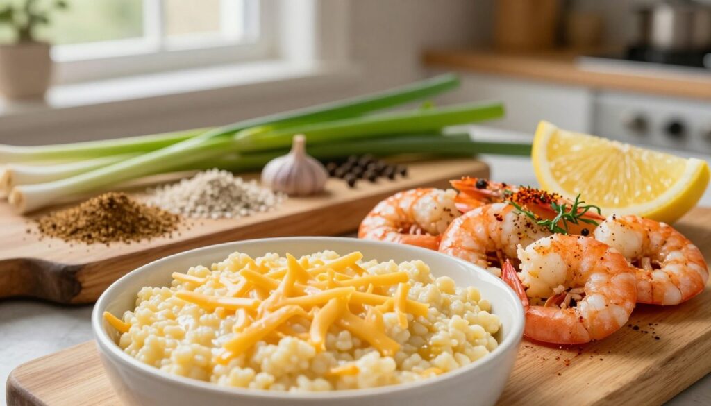 Essential ingredients for cheesy shrimp and grits including grits, shrimp, and seasonings
