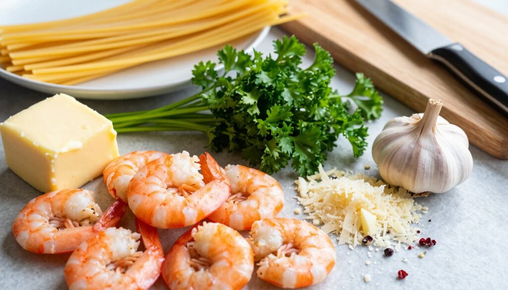 Essential ingredients for garlic butter shrimp pasta