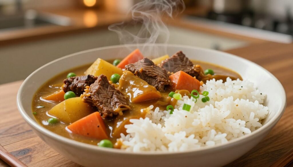 Japanese comfort food curry rice with beef and vegetables