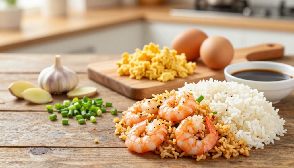 basic shrimp fried rice ingredients laid out on a wooden surface