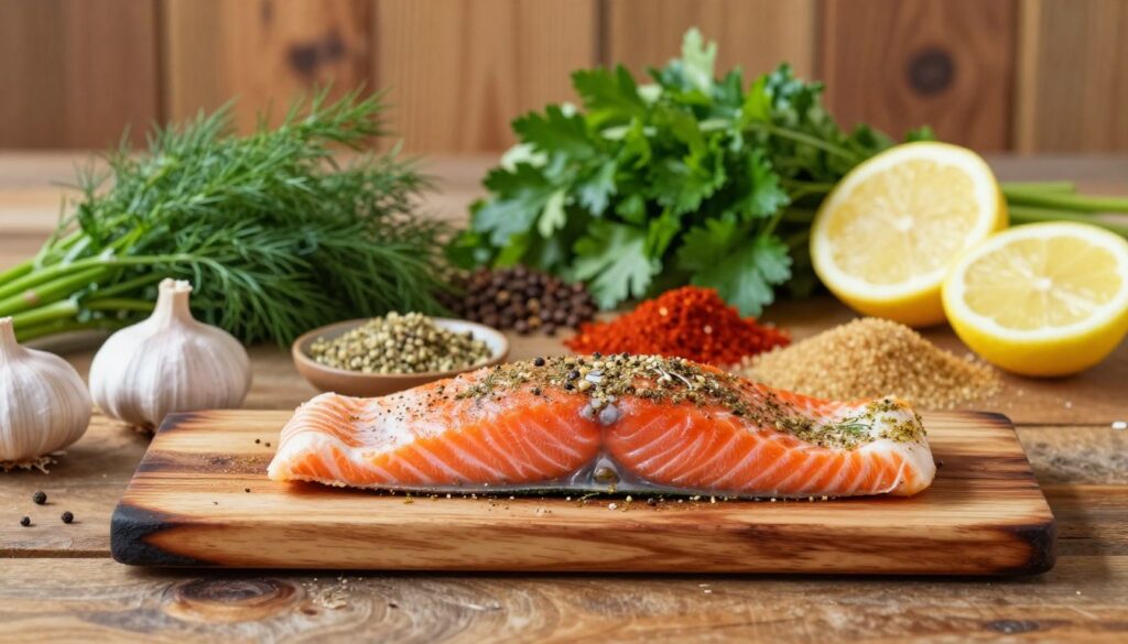 cedar plank salmon seasoning ingredients laid out
