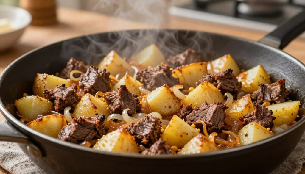 corned beef hash breakfast prepared in a skillet with crispy edges