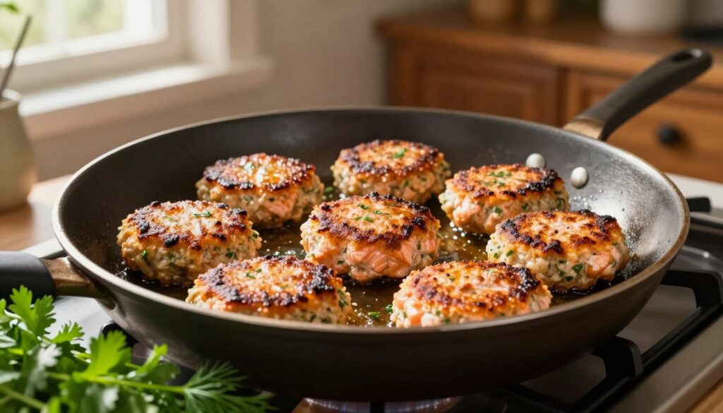 crispy salmon patties cooking in a skillet with golden brown edges