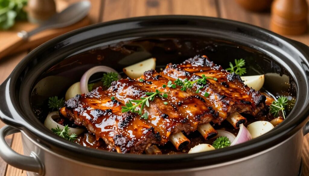 fall off the bone ribs cooking in slow cooker