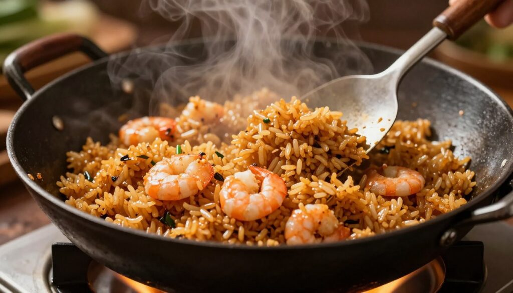 fluffy fried rice cooking in a wok