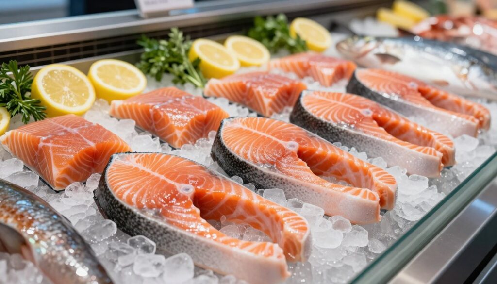 fresh salmon steaks displayed at a fish counter