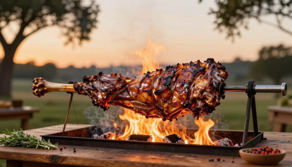 lamb on rotisserie cooking over live fire
