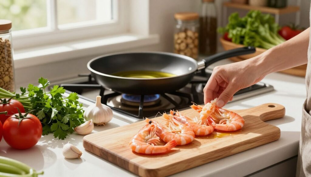 quick shrimp dinner preparation with fresh ingredients