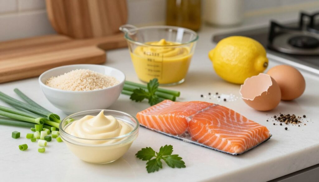 salmon cake ingredients laid out on a kitchen counter