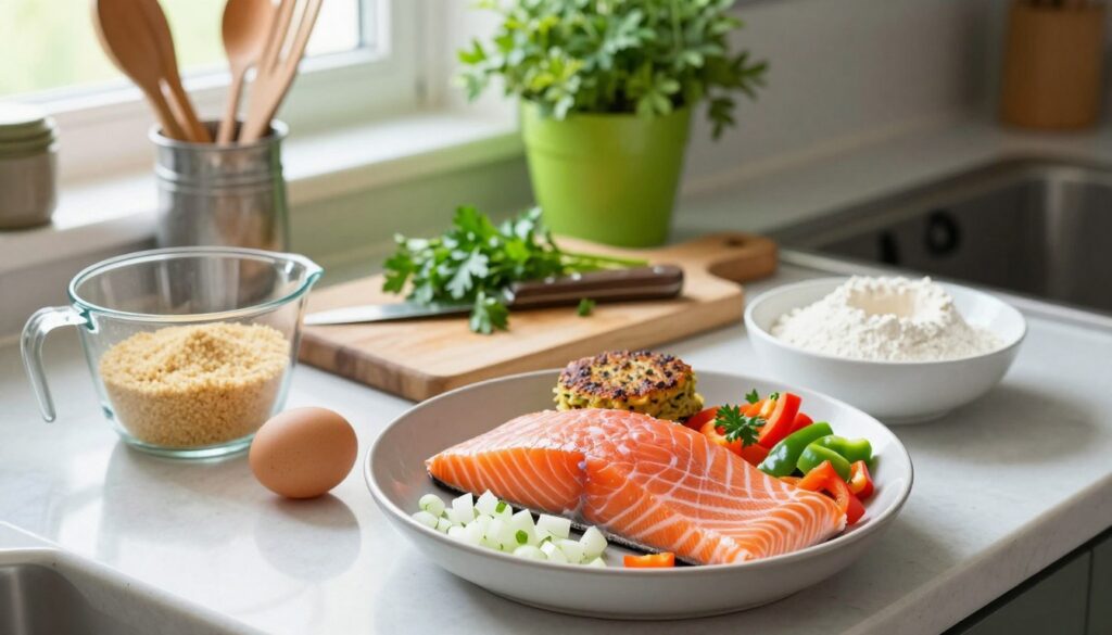salmon patties ingredients displayed on a kitchen counter