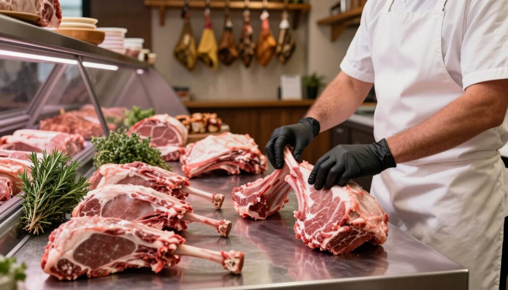 selecting lamb breast at the butcher counter