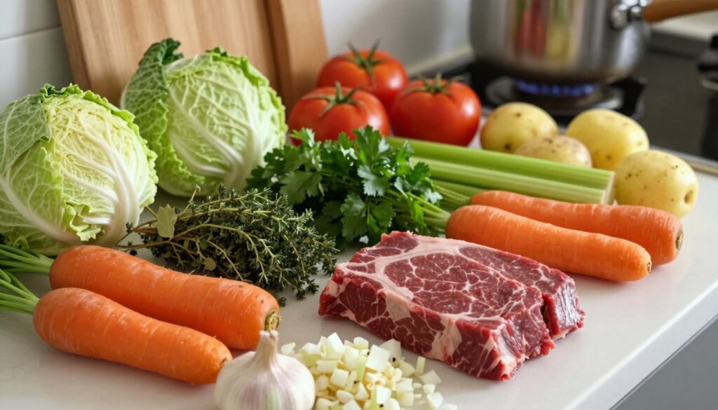 vegetable beef soup ingredients laid out on a kitchen counter